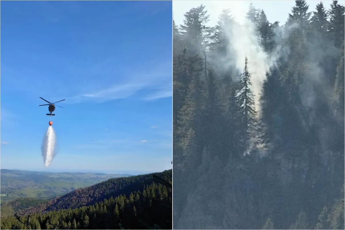 FOTO: Hasiči v okrese Detva bojujú s požiarom lesného porastu, zasahujú desiatky prislúšníkov aj vrtuľník