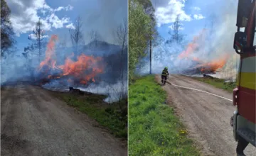 Pri Brezne vypukol rozsiahly požiar, plamene zasiahli skládku dreva aj elektrické vedenie