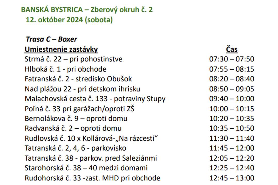FOTO: Rozpis časov a miesta zberu v Banskej Bystrici, foto 2